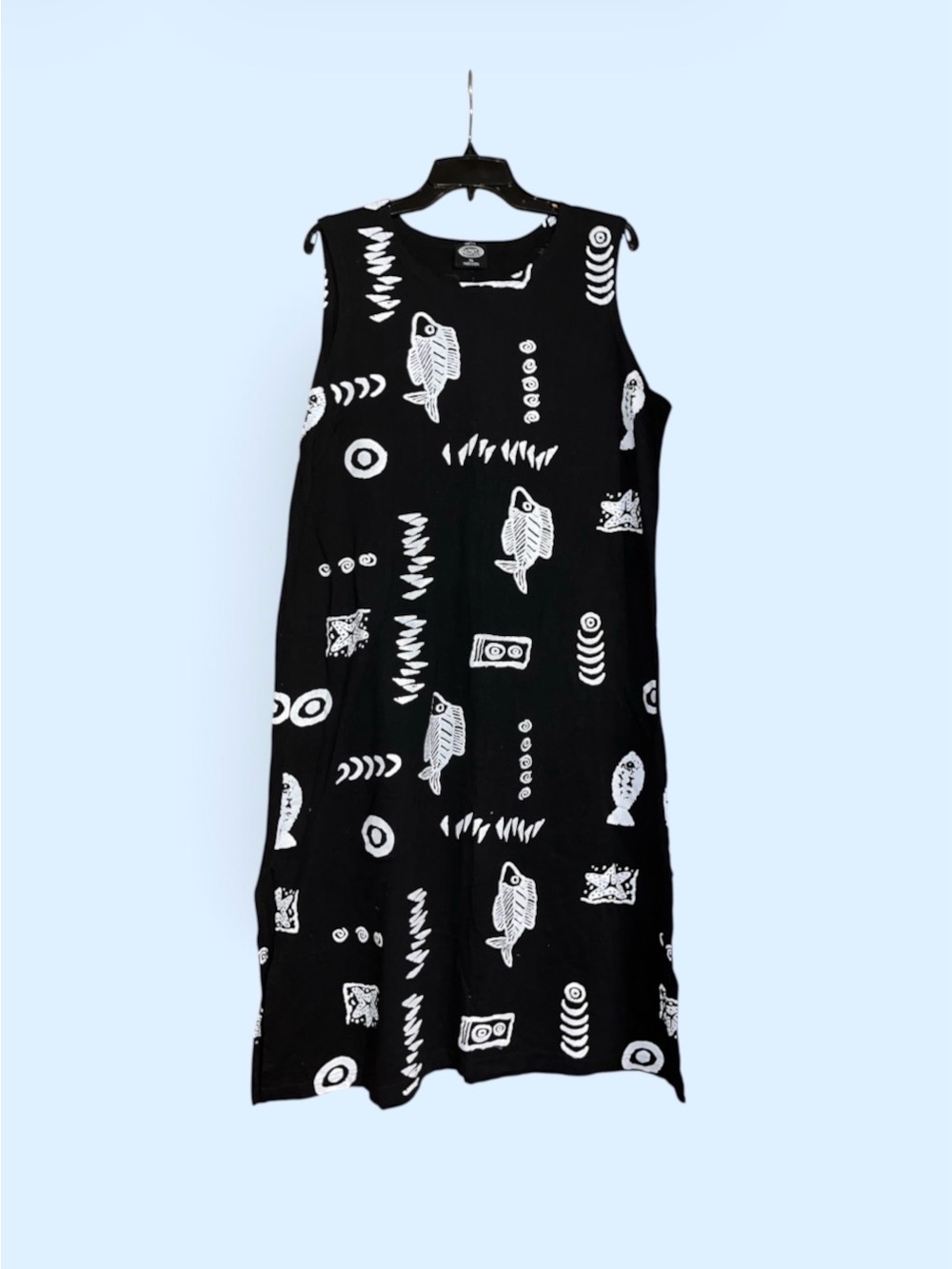 Sleeveless Black Midi Dress with White Fish Print